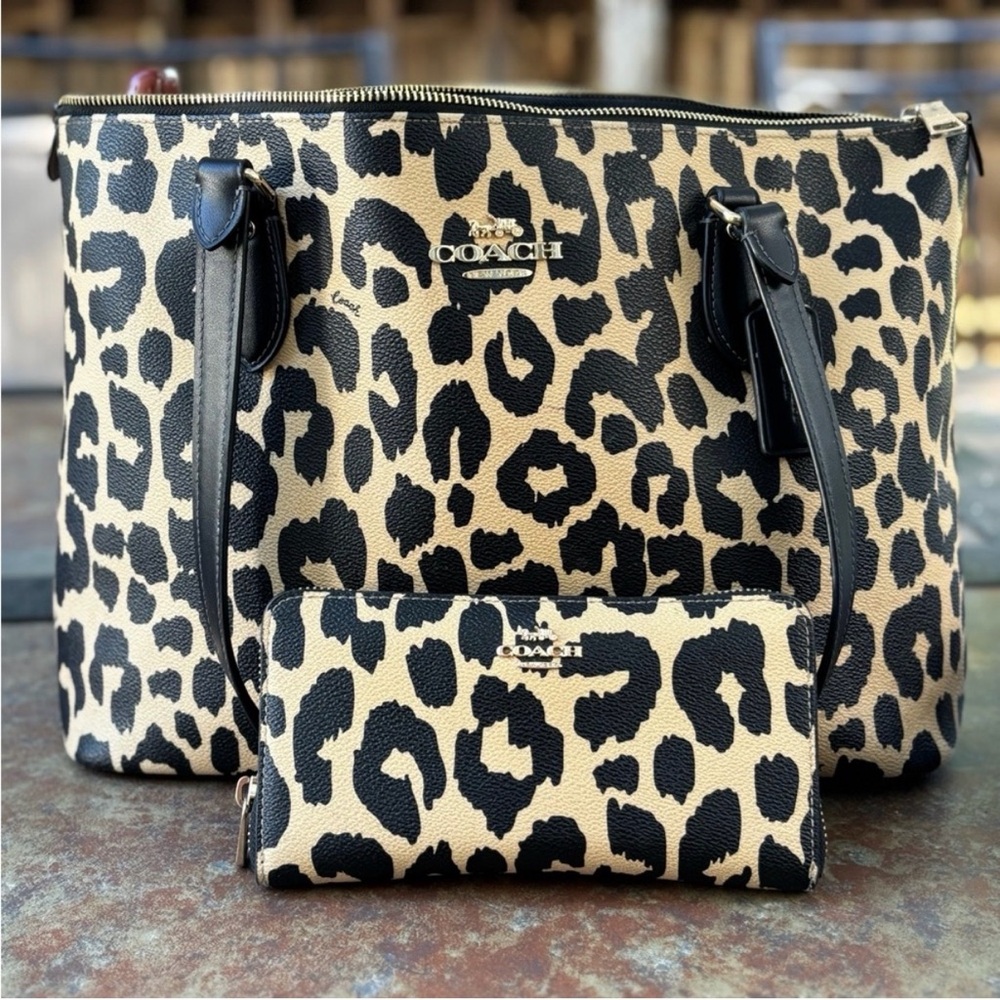 Coach Black and Tan Animal Print Tote and Wallet